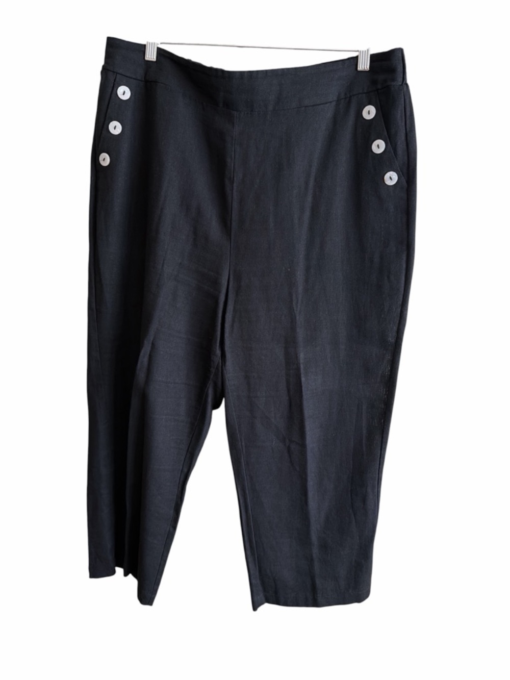 Joie Black Elastic Waist Linen Ankle Pants with Button Detail
